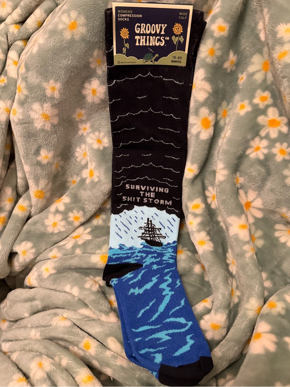 Groovy Things Black Blue ‘Surviving the Storm’ Wide Calf Compression Socks
